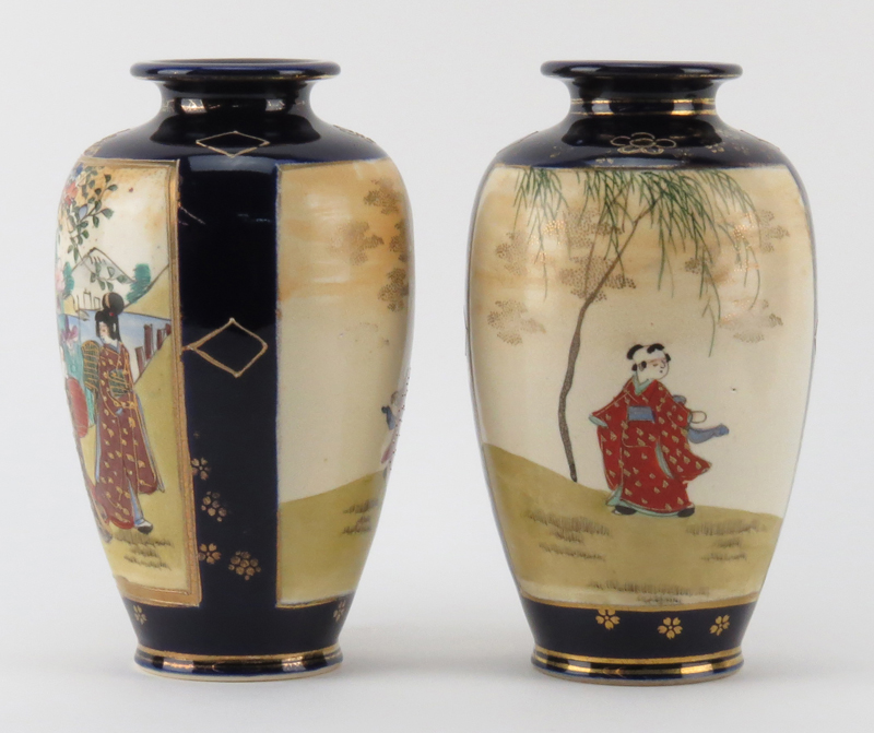 Pair of Antique Japanese Satsuma Cobalt Blue Hand Painted Portrait Vases