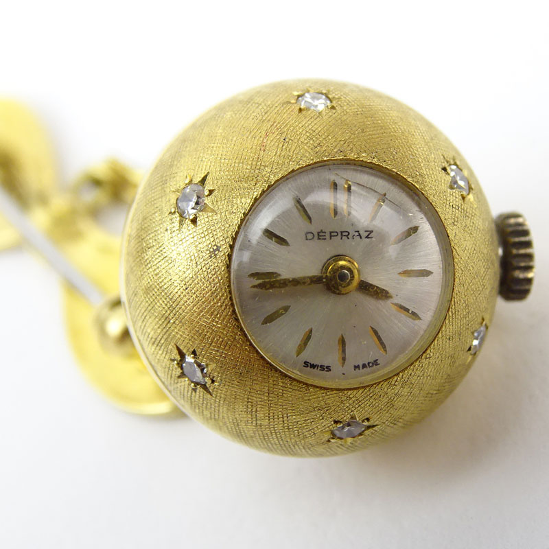 Lady's Vintage Depraz 18 Karat Yellow Gold and Diamond Pendant Ball Brooch Watch