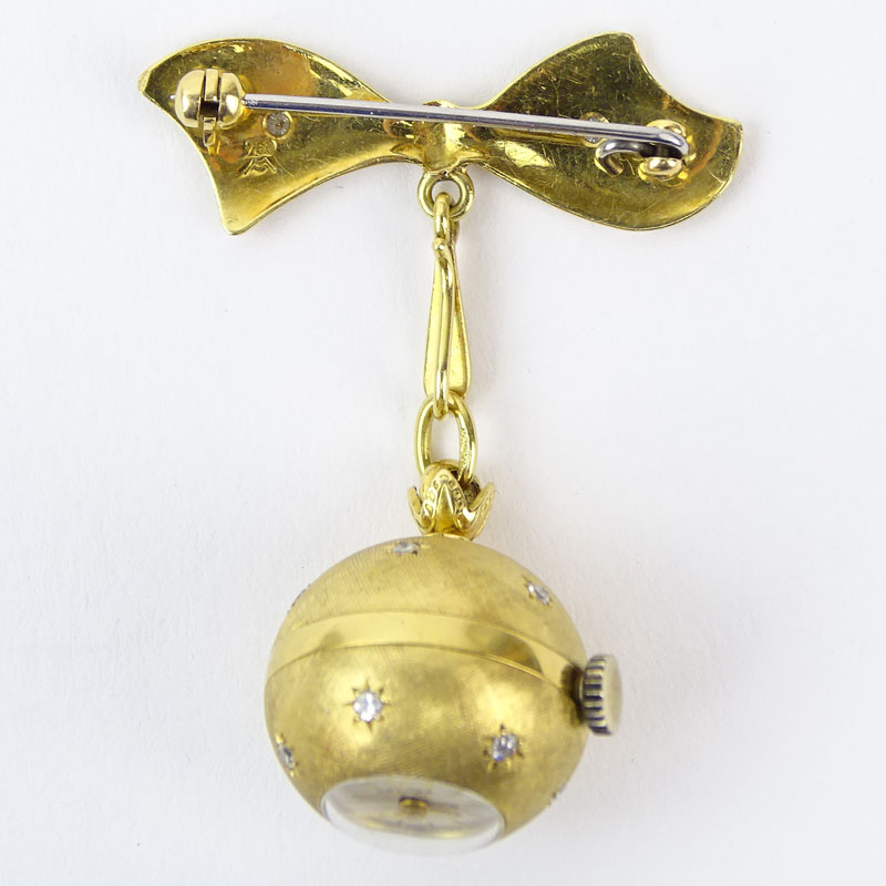 Lady's Vintage Depraz 18 Karat Yellow Gold and Diamond Pendant Ball Brooch Watch