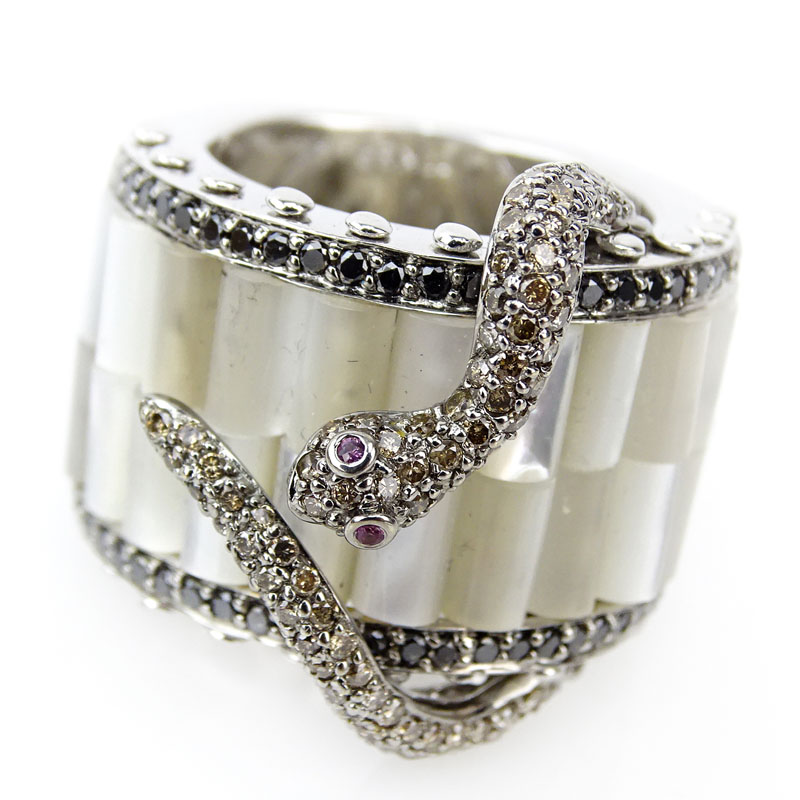 Diamond, 18 Karat White Gold and Mother of Pearl Snake Ring