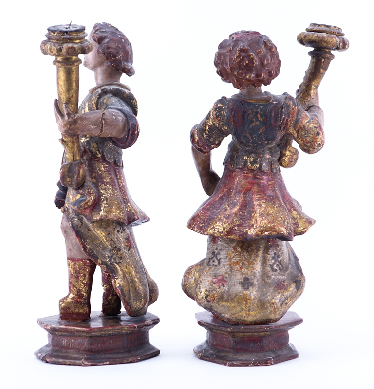 Pair of Late 18th or Early 19th Century Italian Wood Carved Polychrome and Gilt Santos Figures.