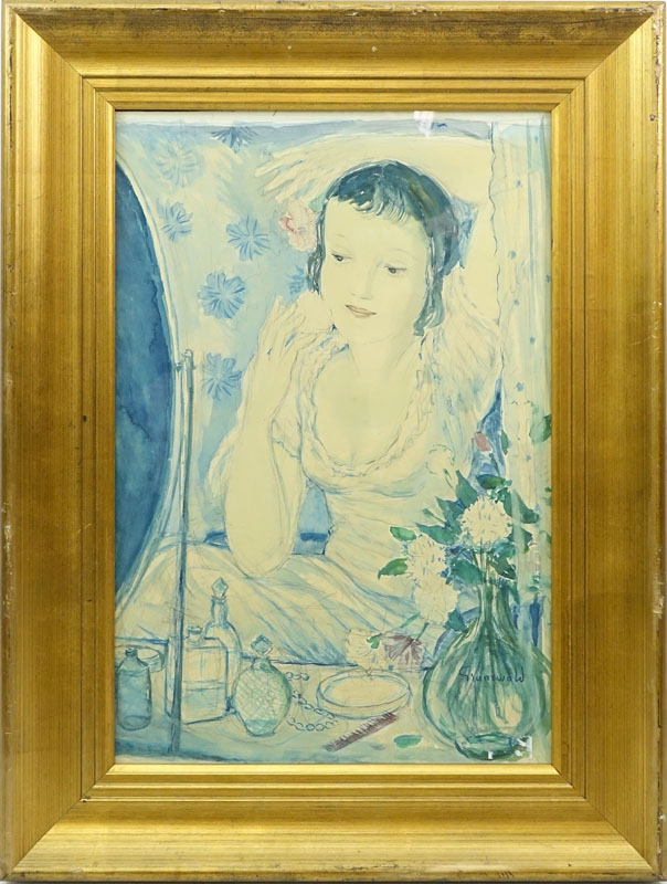 Isaac Grünewald, Swedish  (1889-1946) Watercolor, Lady at Her Dressing Table. Signed lower right.