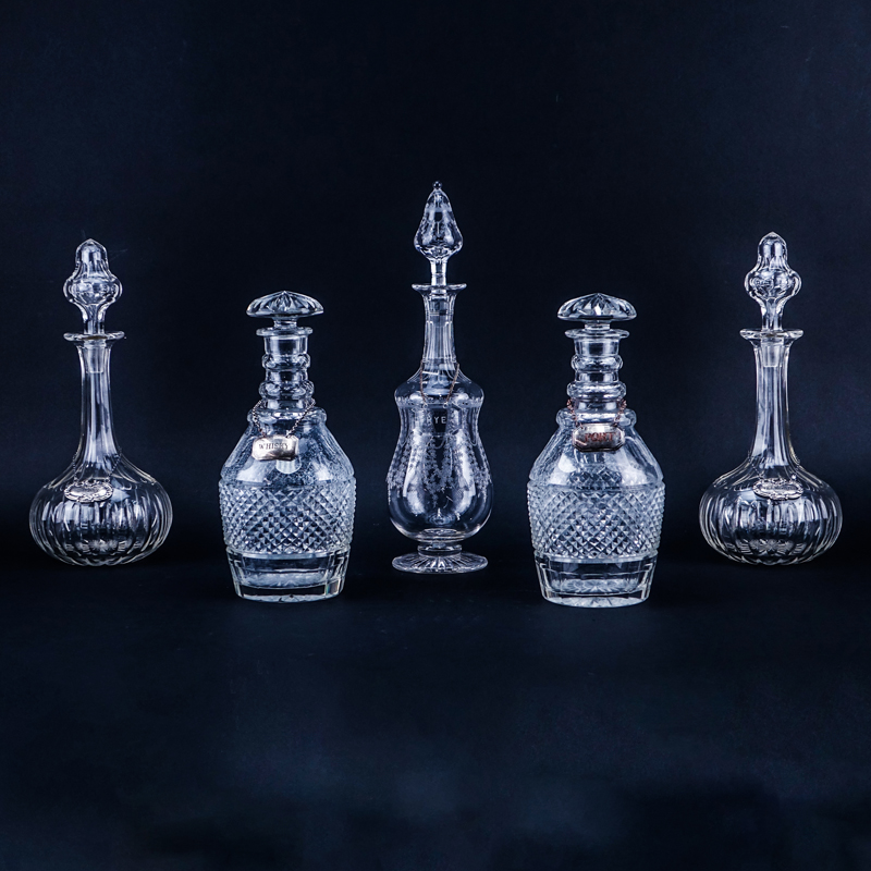 Grouping od Five (5) Antique Cut Crystal Decanters all with Tags.
