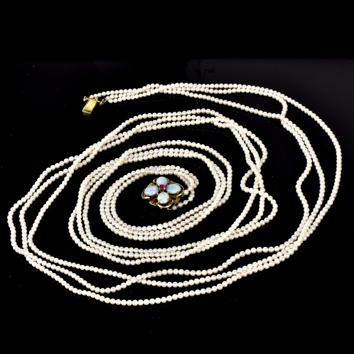 42" L Pearl Necklace with Opal and 14K Gold Clasp