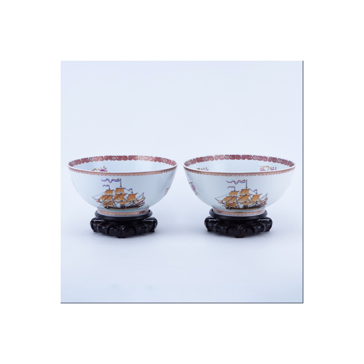 Pair 19/20th Century Chinese Export Hand Painted Porcelain Bowls On Stands. Depicting Western saili