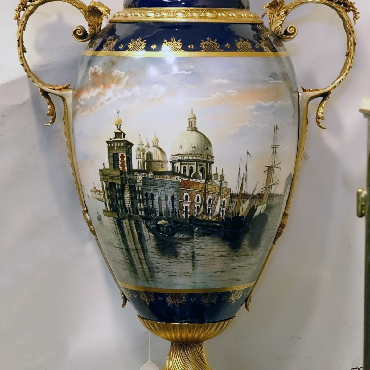 Pr Monumental Hand Painted Palace Size Urns