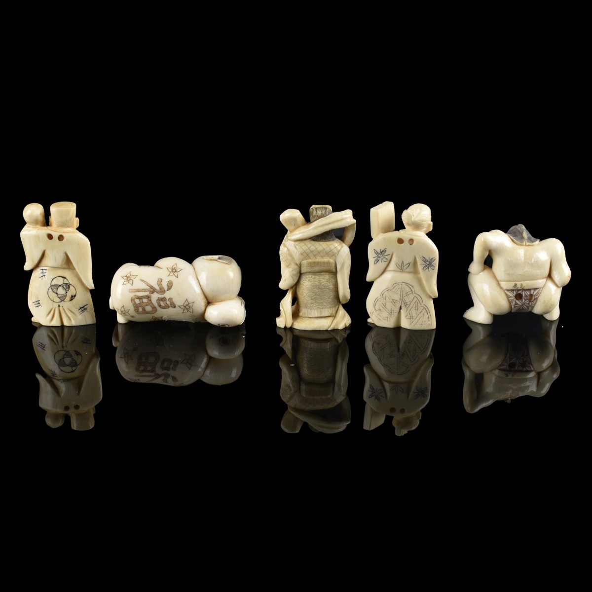 Five Japanese Polychrome Carved Netsuke Figurines