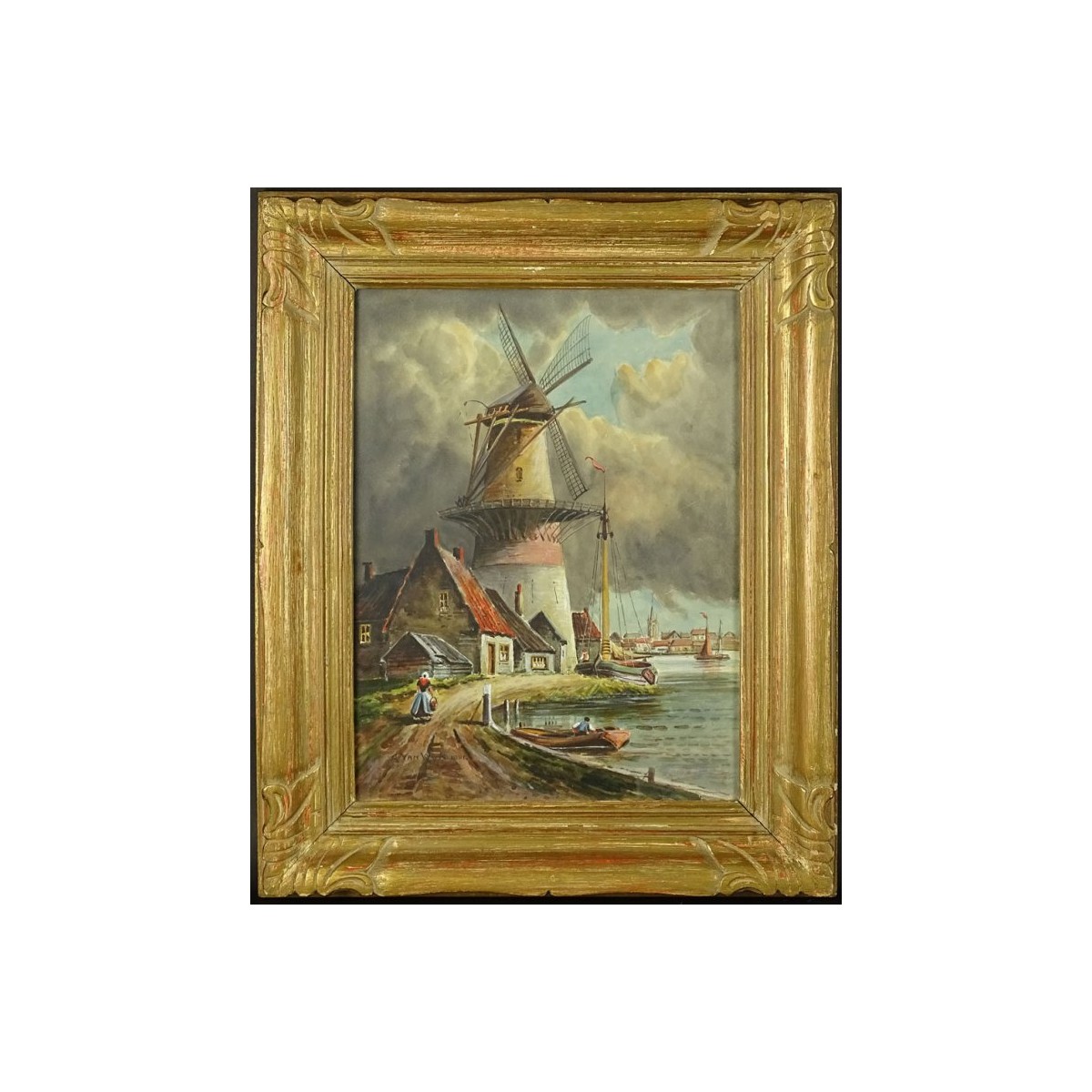 Van Wyk (Dutch) 19C Watercolor on Paper Windmill