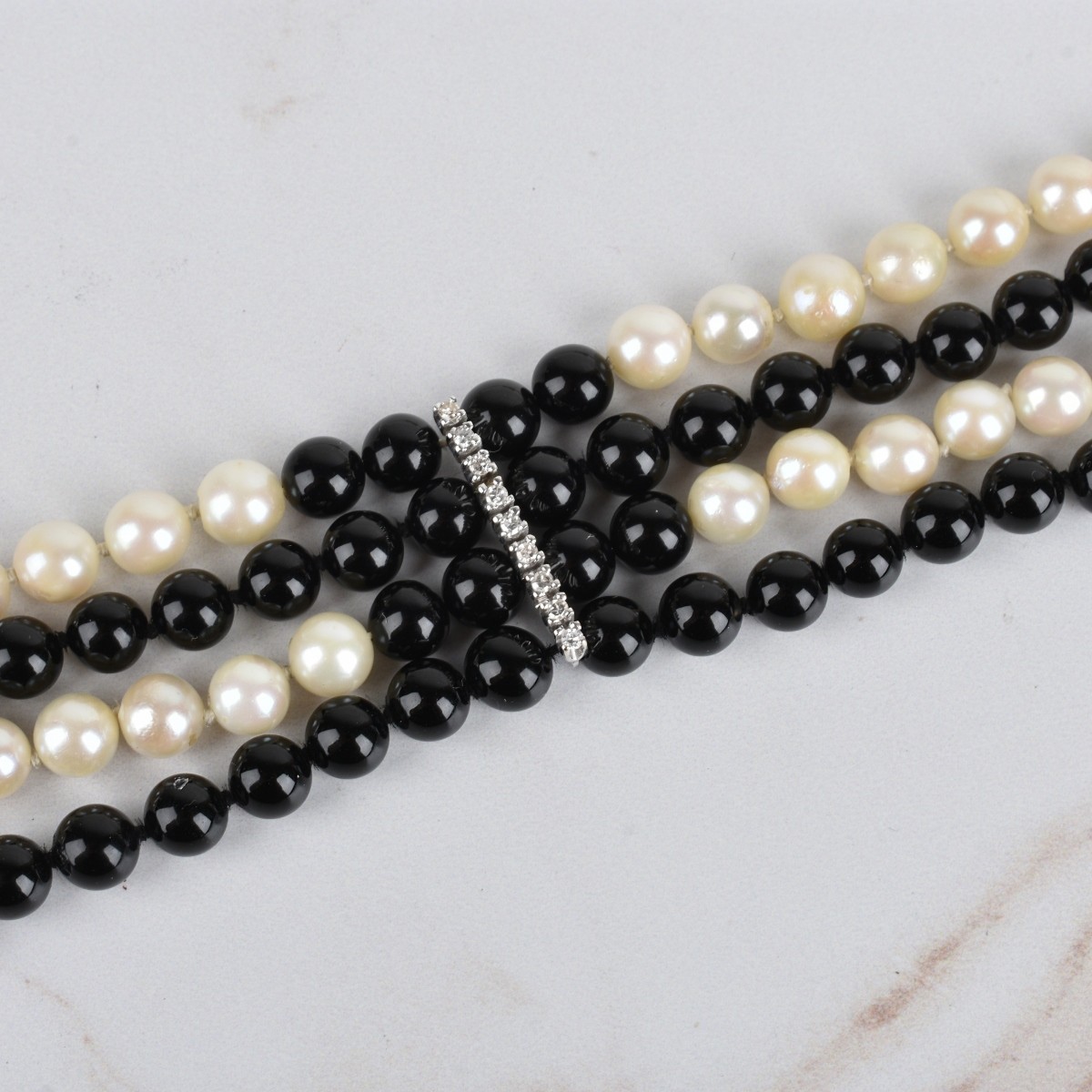 Pearl, Onyx, Diamond and 14K Necklace