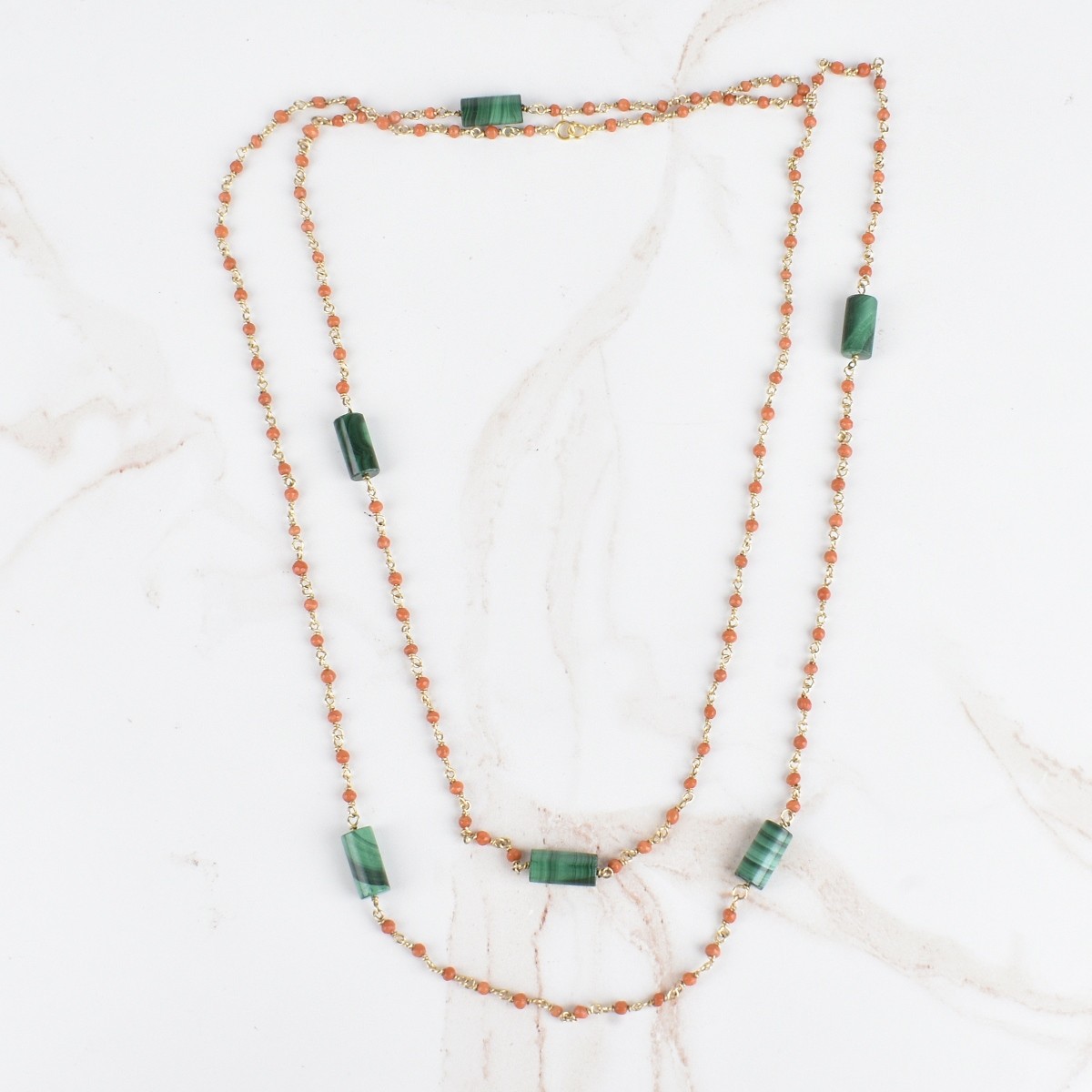 Coral, Malachite and 14K Long Necklace