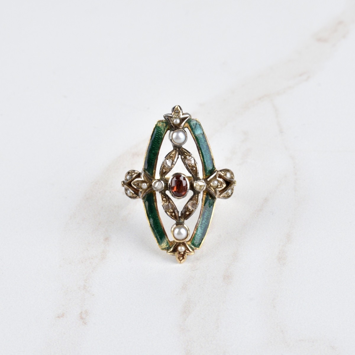 Antique Gemstone, Pearl and 18K Ring