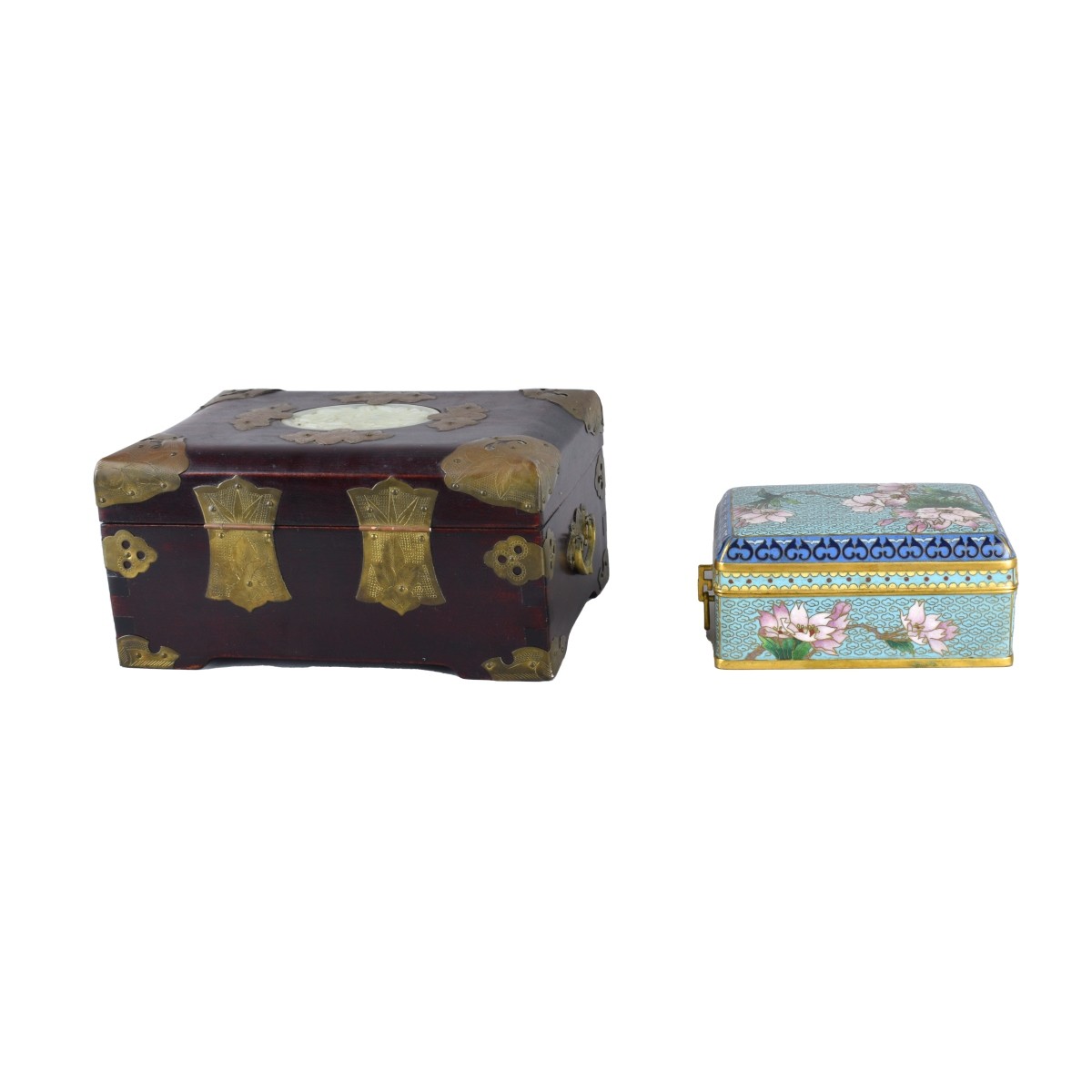 Two Chinese Dresser Boxes Cloisonne and Jade Top