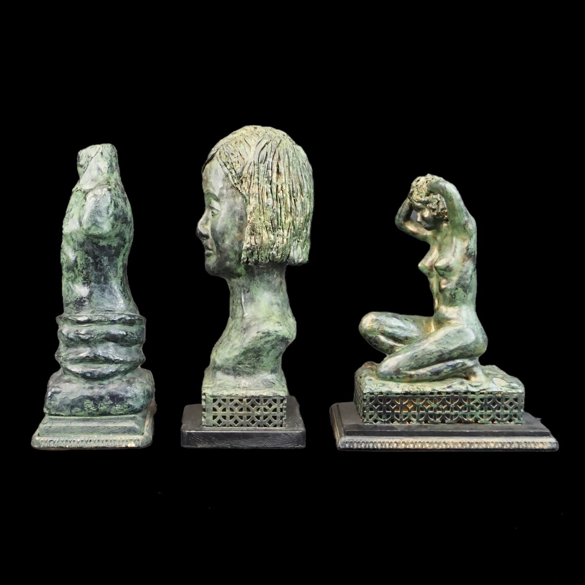Three Bronzed Painted Terracotta Sculptures