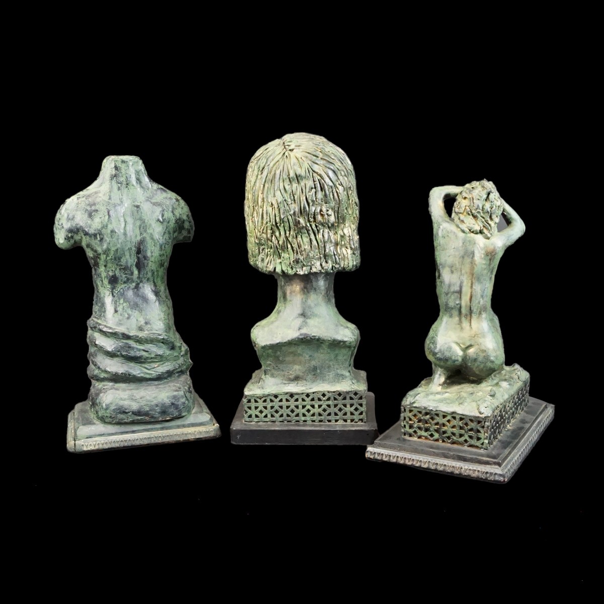 Three Bronzed Painted Terracotta Sculptures