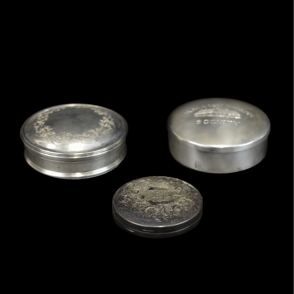 Three Sterling Etched Snuff Boxes