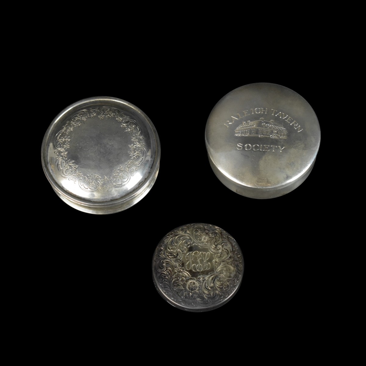 Three Sterling Etched Snuff Boxes