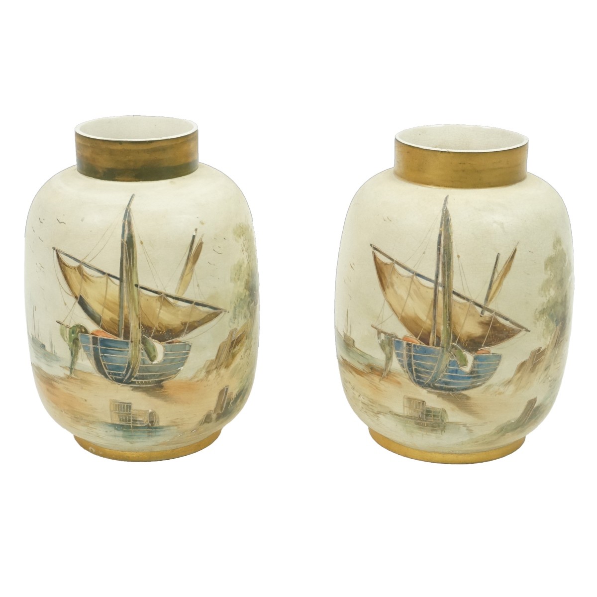 Pr European Porcelain Ship Art Vases