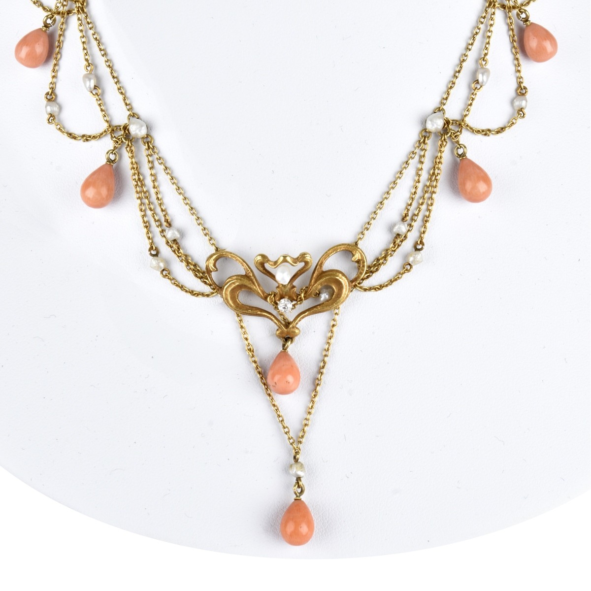 Art Nouveau Coral, Pearl and 14K Necklace