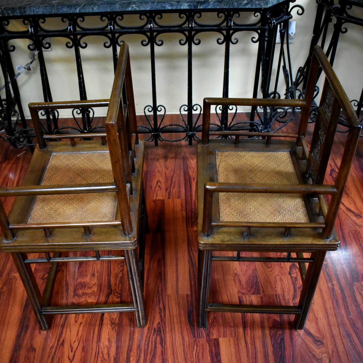 Pr Chinese Square Form Carved Wood Armchairs