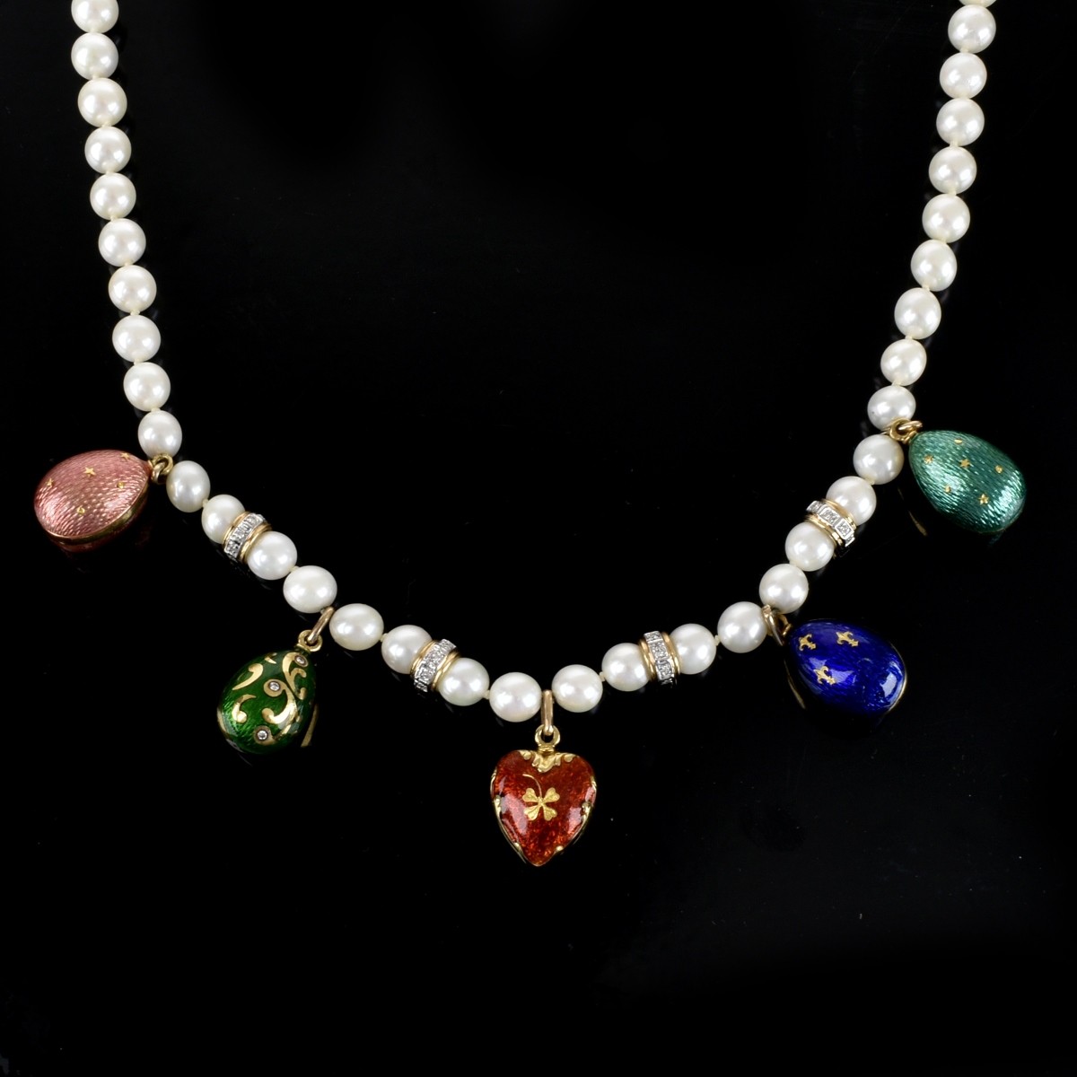 Pearl, Diamond, Enamel and 14K Necklace