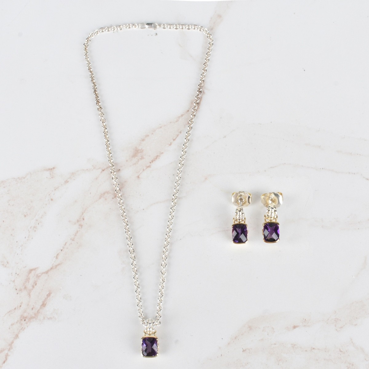 Amethyst, 18K and Silver Necklace & Earrings