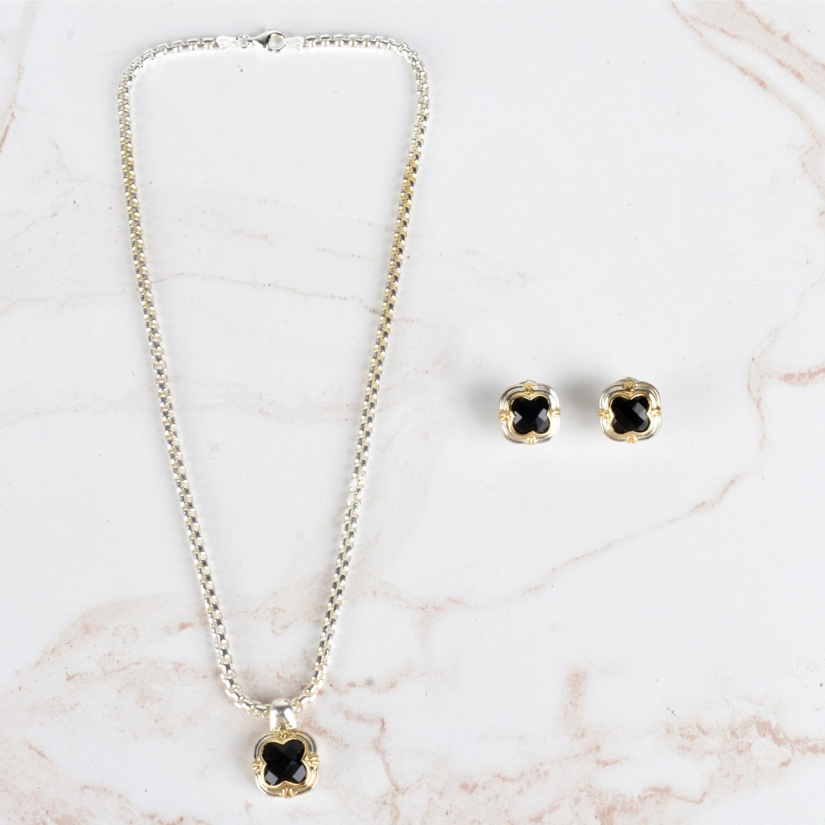 Onyx, 18K and Silver Necklace & Earrings