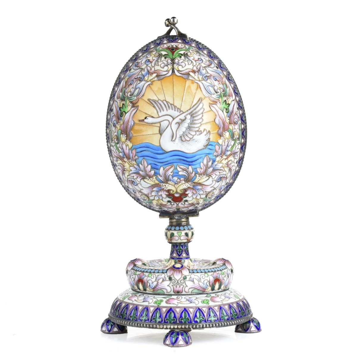 Russian Enamel Silver Gilt Egg on Stand