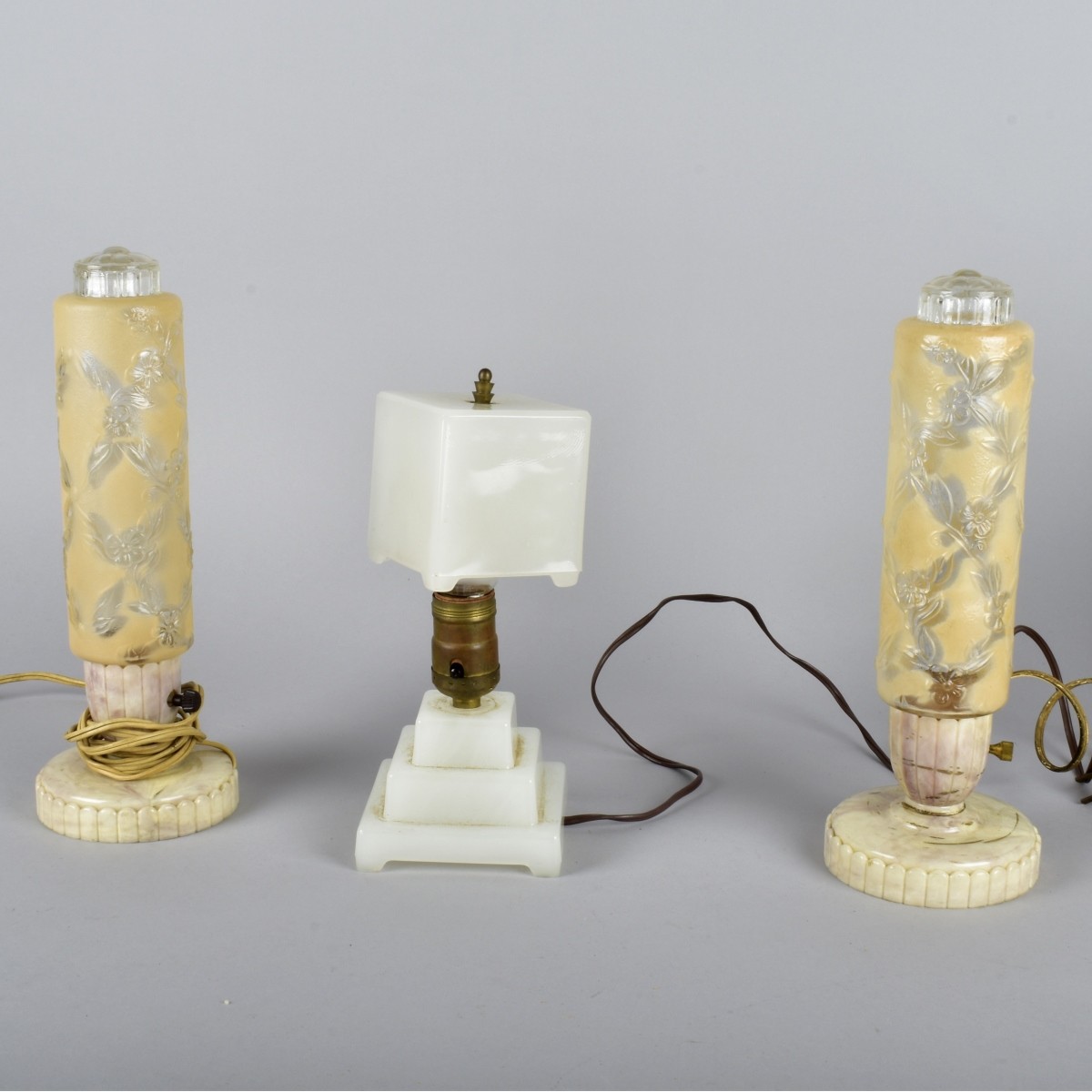 Three Vintage Lamps and Two Glass Shades