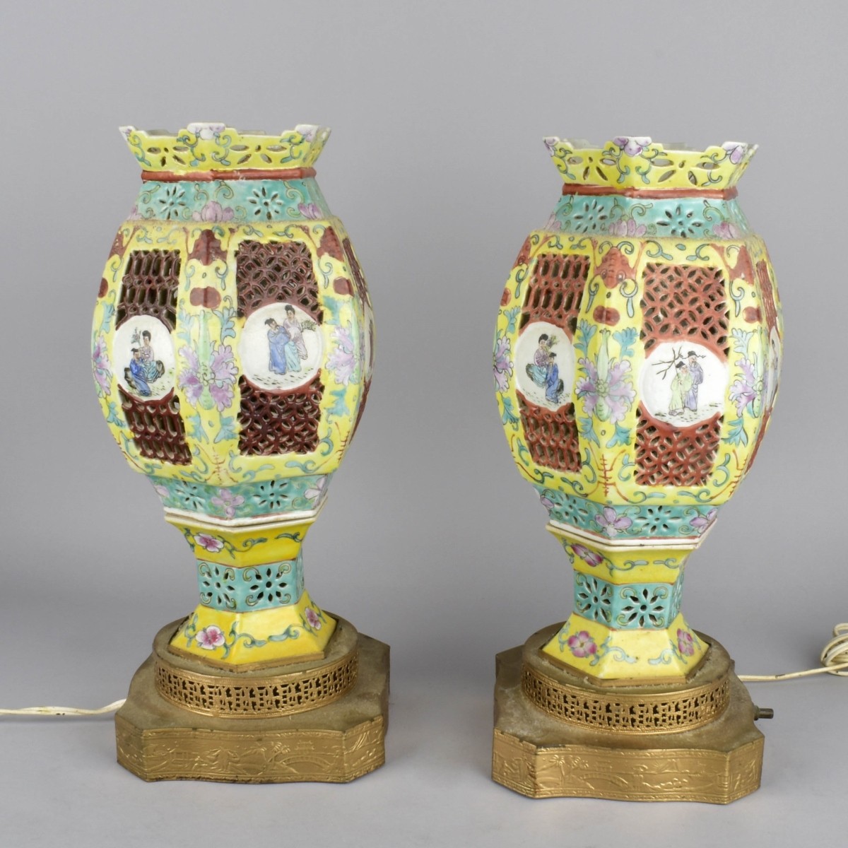 Pair of Chinese Famille Juane Marriage Lamps