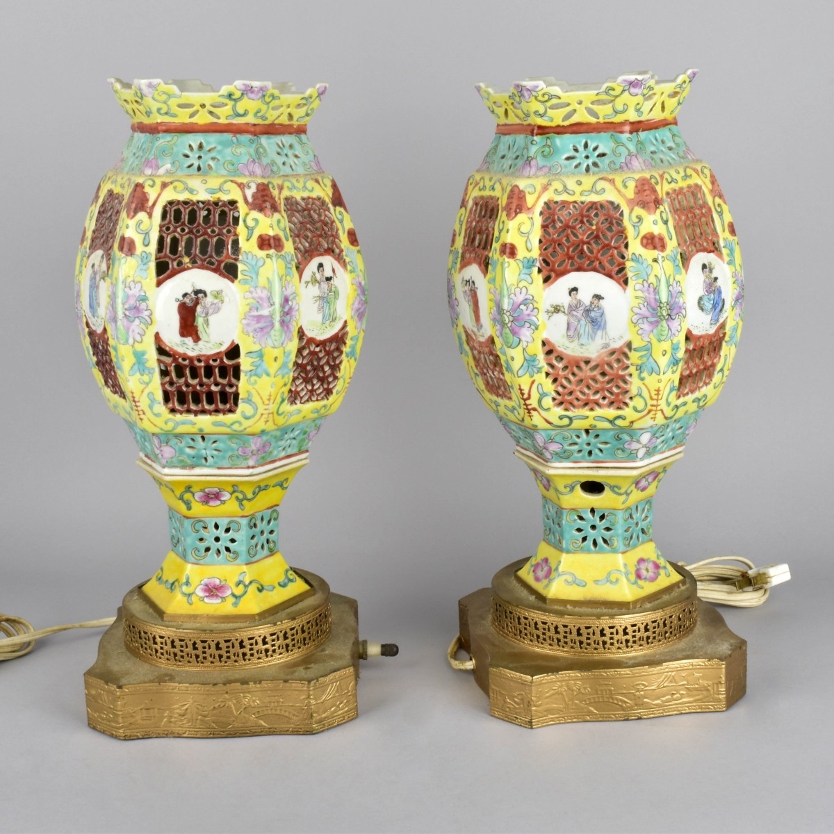 Pair of Chinese Famille Juane Marriage Lamps