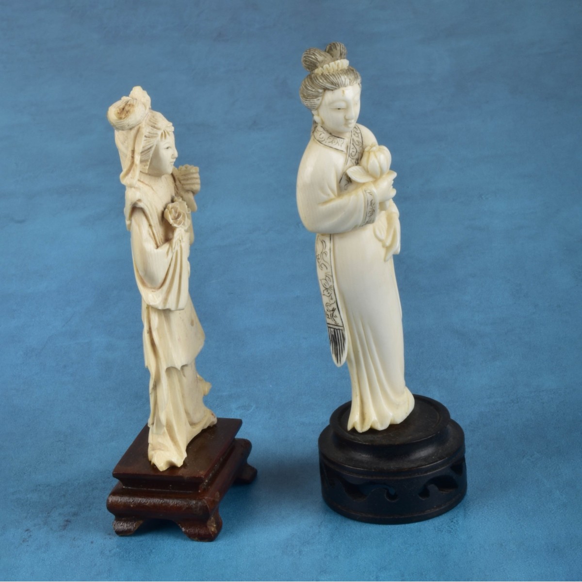 Two Antique Chinese Carved Guanyin Figurines