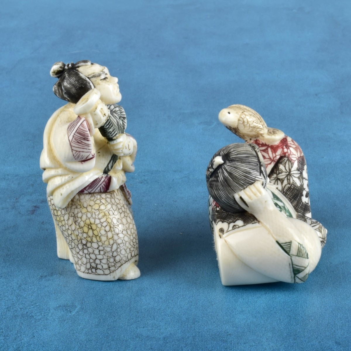Two Antique Japanese Carved Miniature Figurines