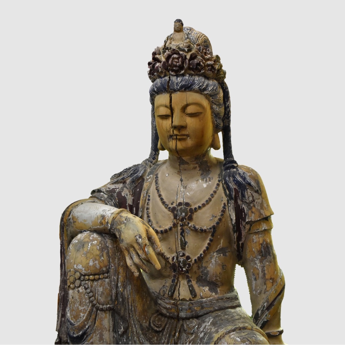 Antique Chinese Polychrome Wood Carved Guanyin