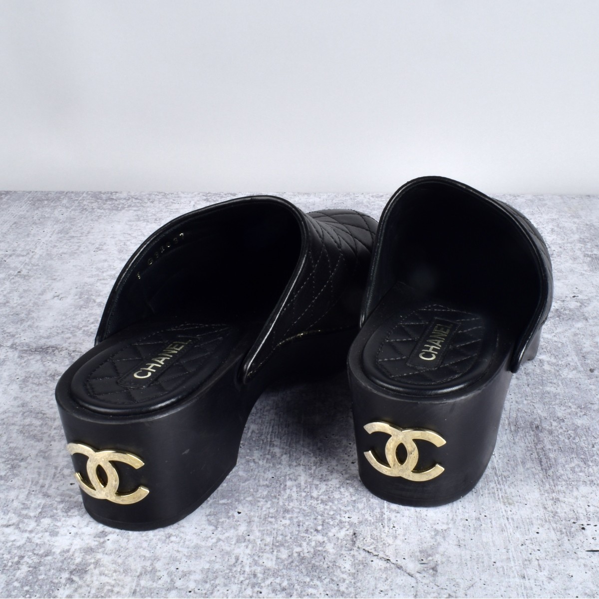 Chanel Quilted Black Lambskin Clogs