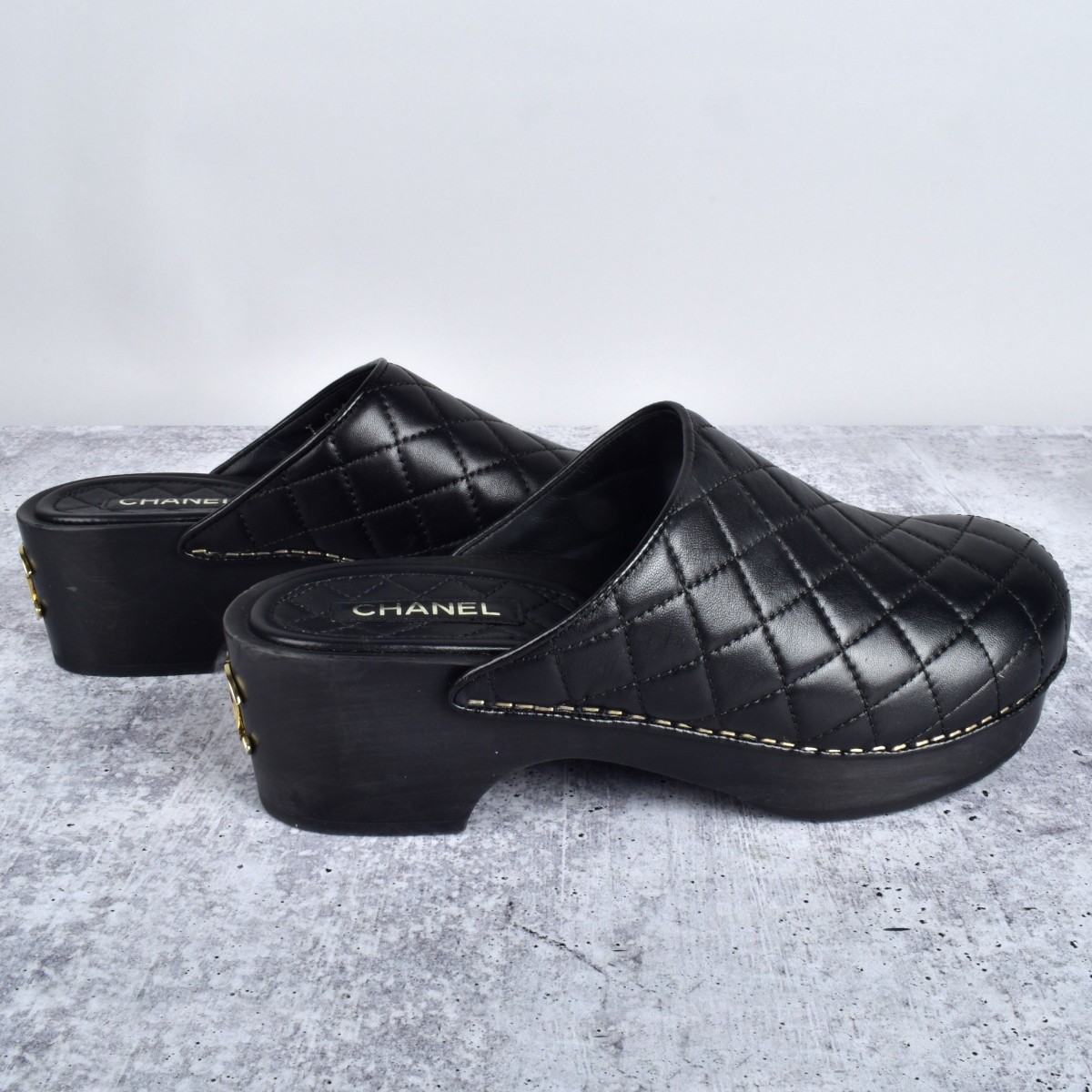 Chanel Quilted Black Lambskin Clogs
