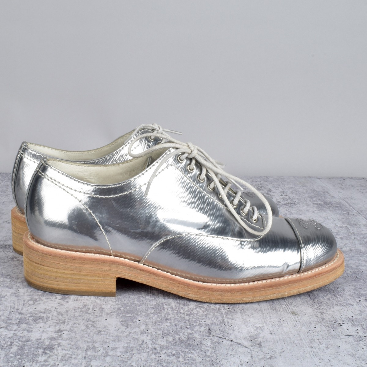 Chanel Silver Leather Oxfords