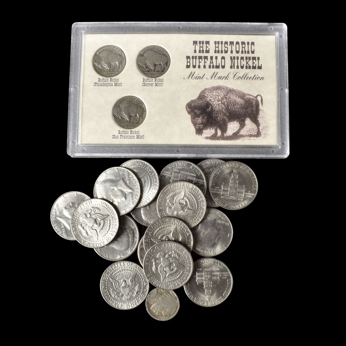 Assorted Kennedy Half Dollars and Buffalo Nickels