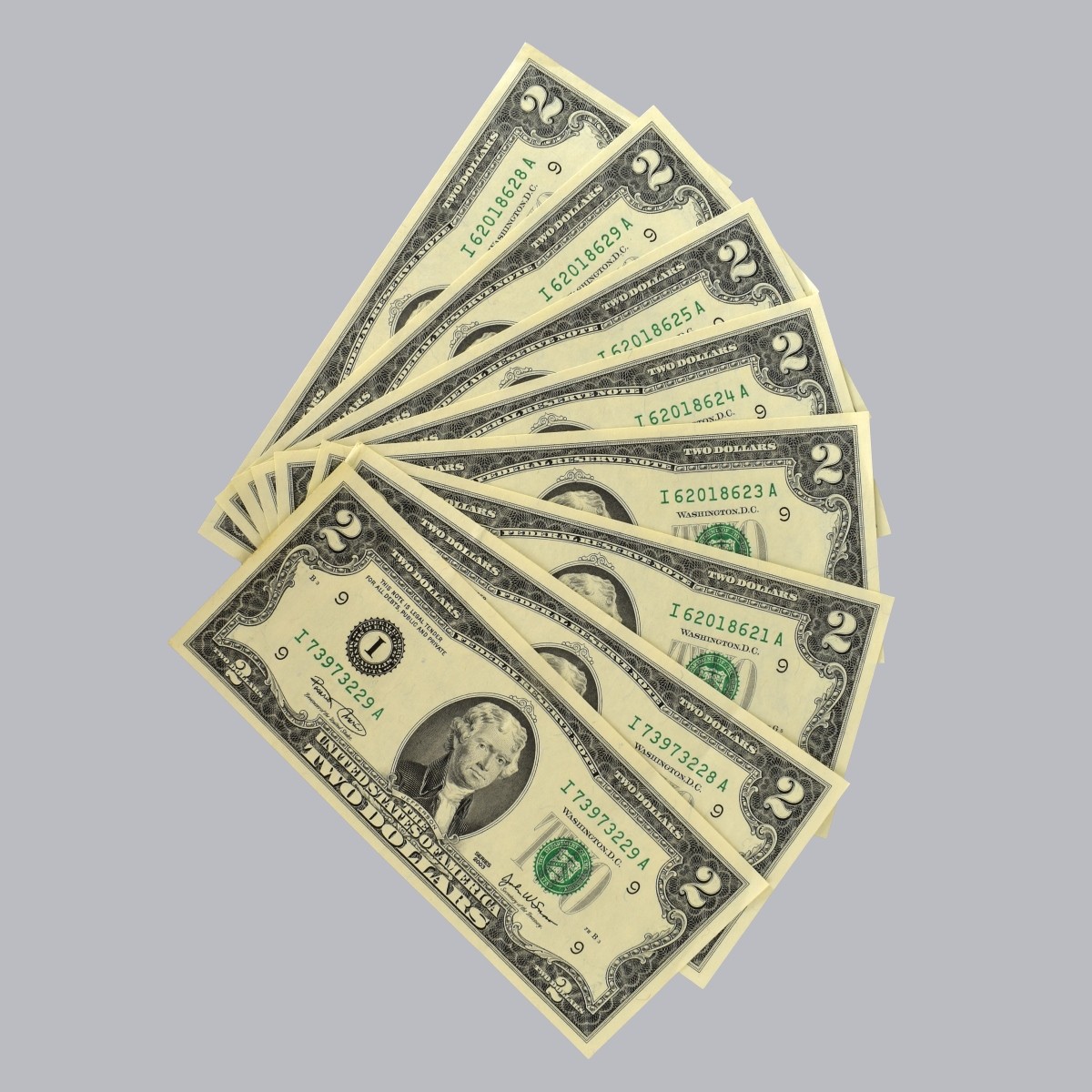 Eight (8) U.S. Uncirculated $2 Dollar Bills