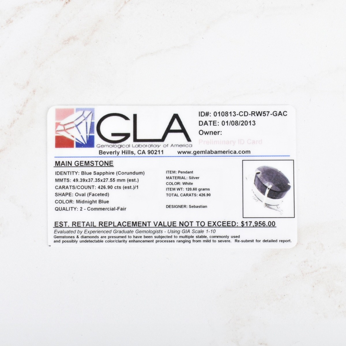 GLA Sapphire and Silver Pendant
