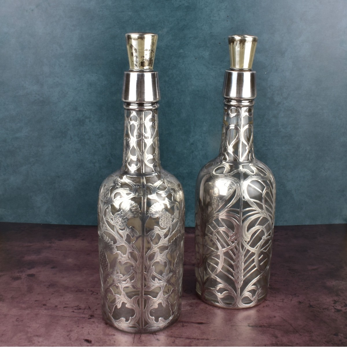 Pair of Black Star and Frost Fine Silver Bottles