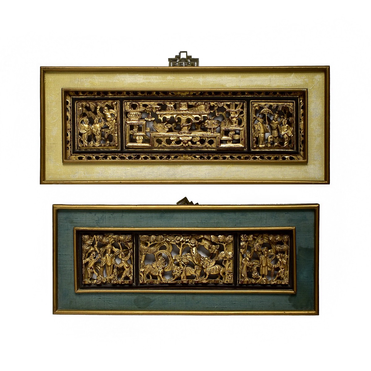 Two Framed Chinese Deep Relief Carved Panels