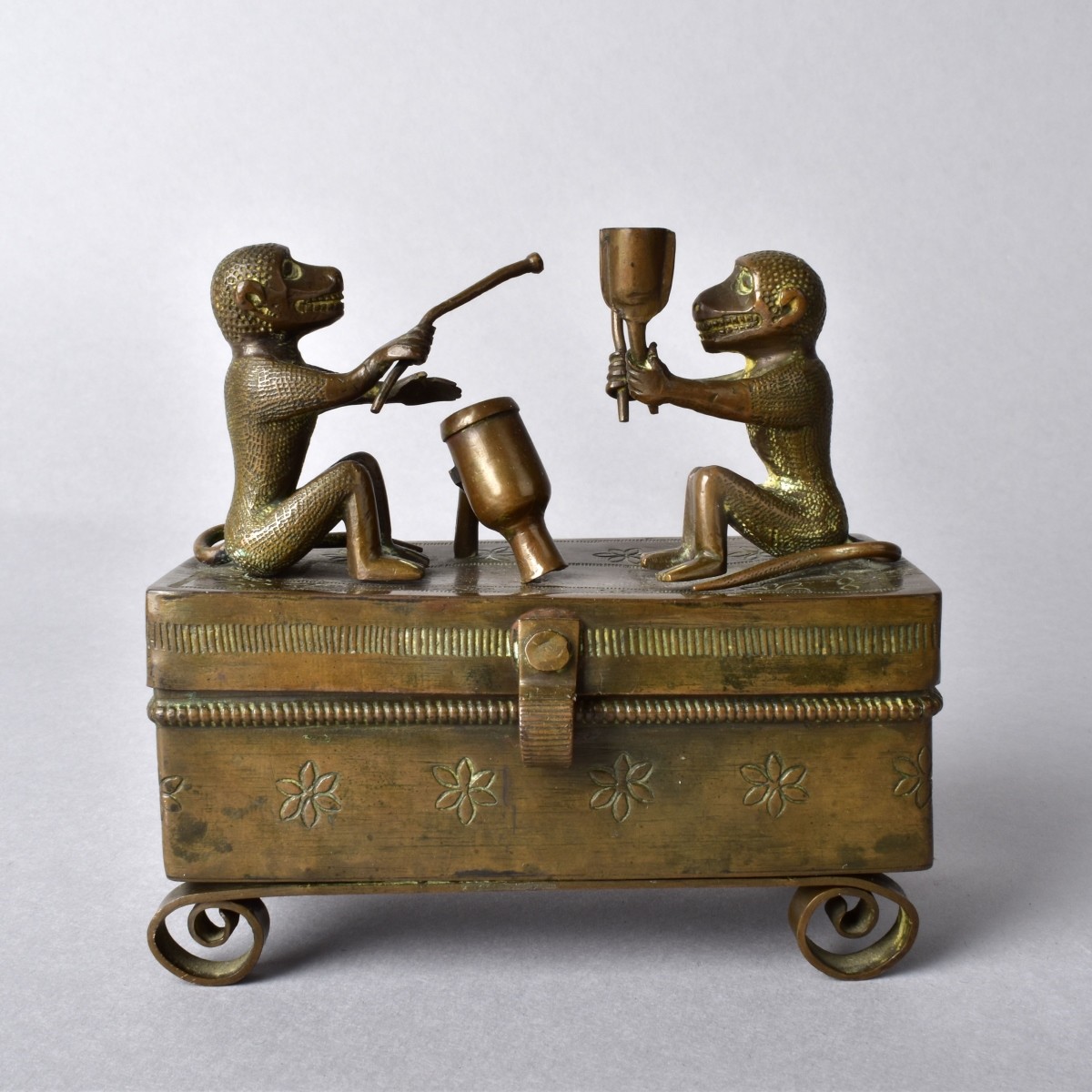 Antique Brass Box with Playing Music Monkeys