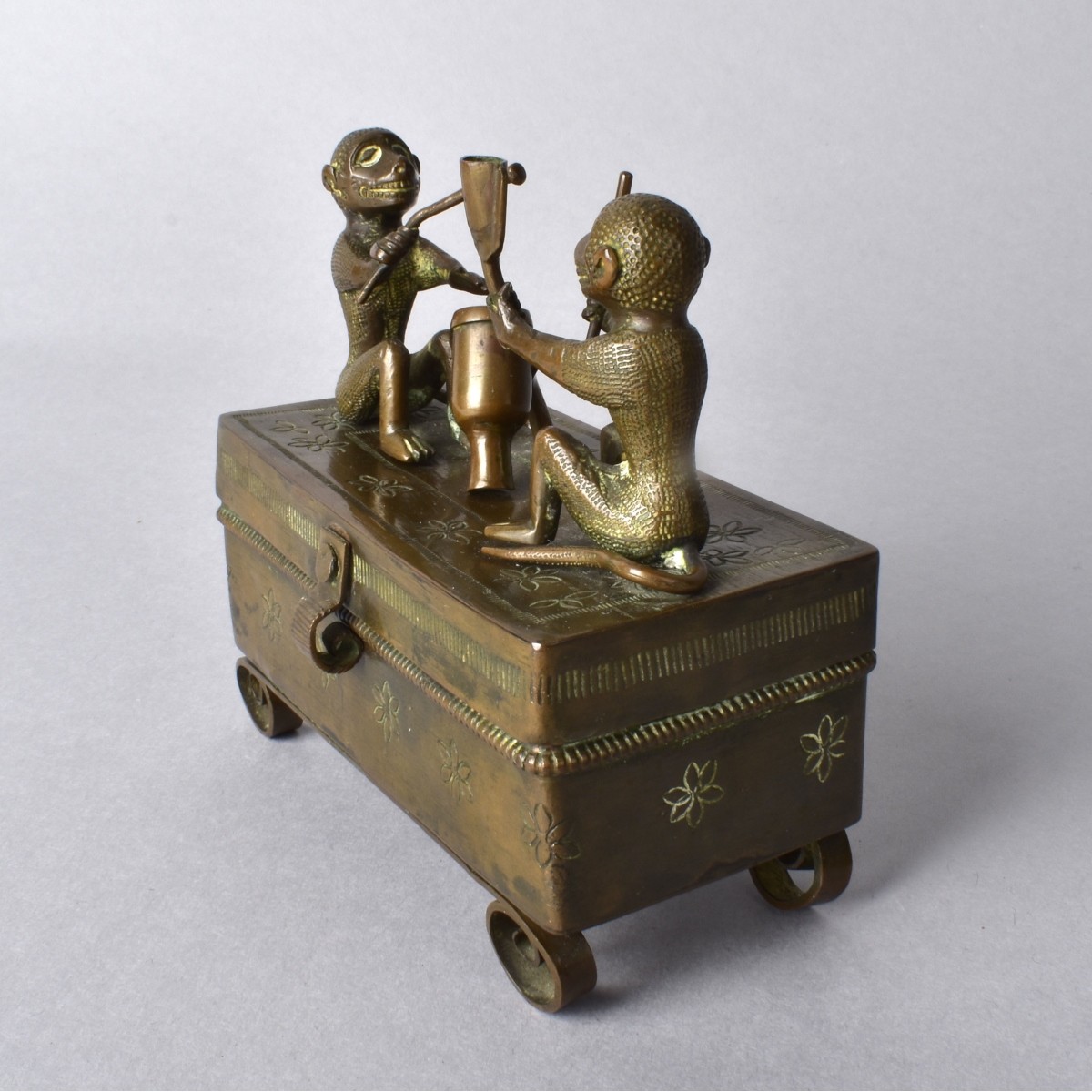 Antique Brass Box with Playing Music Monkeys