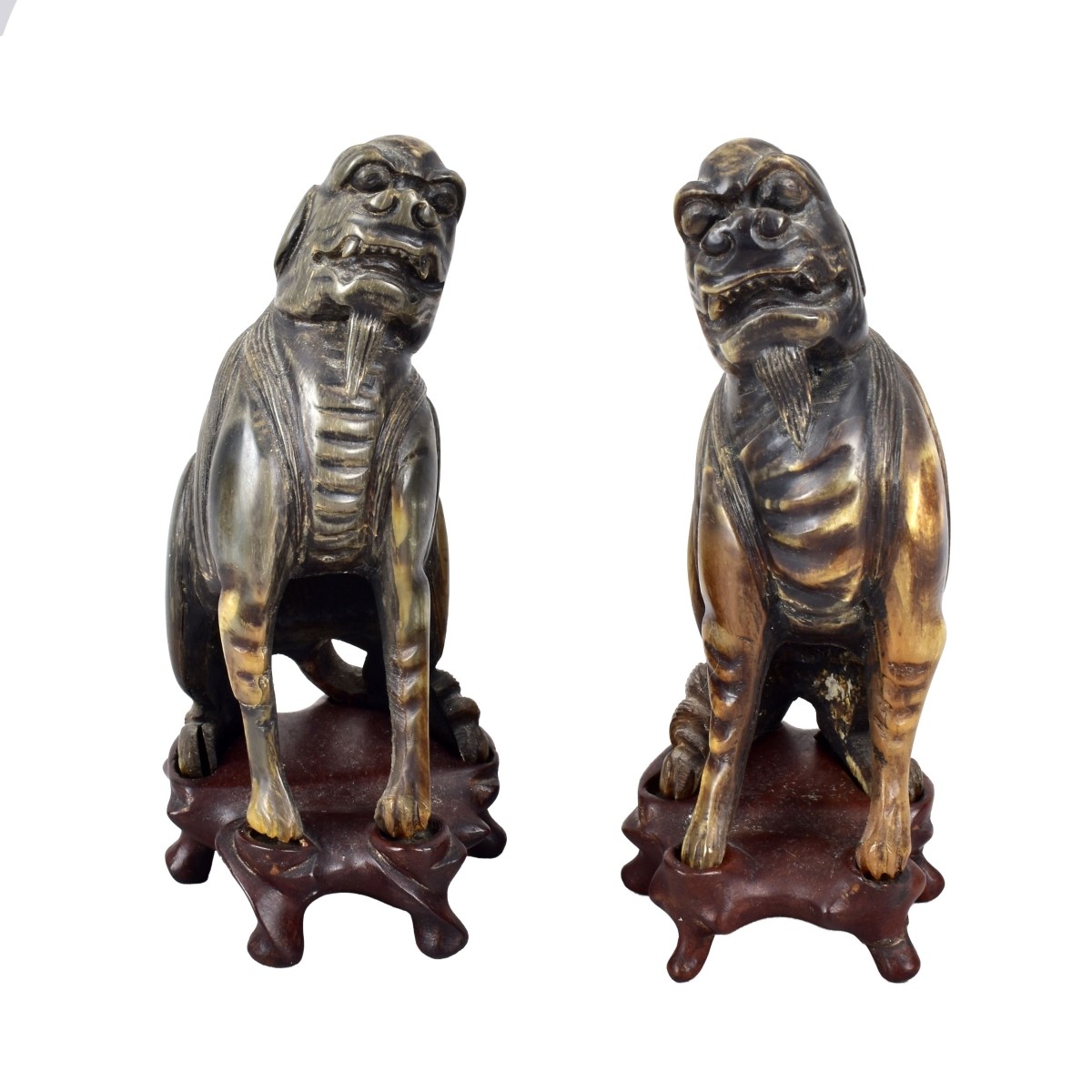 Pair Carved Horn Foo Dogs