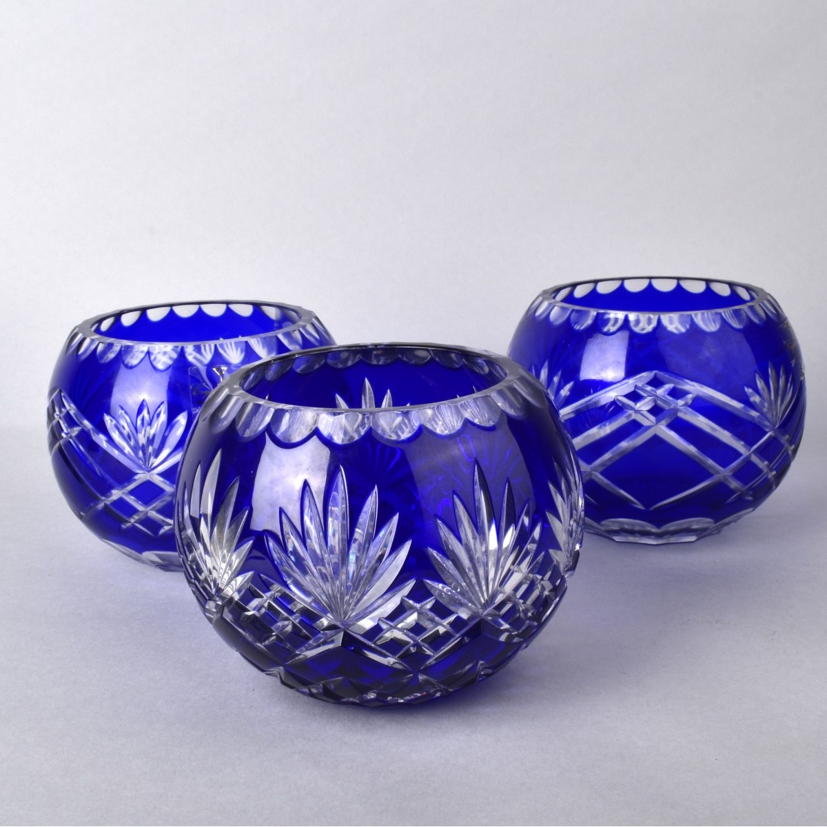 Three Cobalt Blue Cut to Clear Bowl Vase