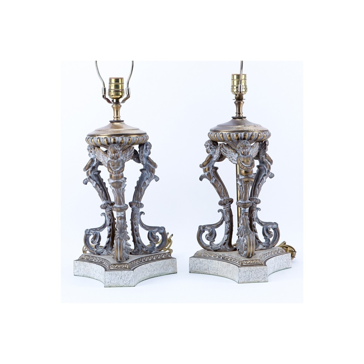 Pr Bronze Figural Cherub Lamps