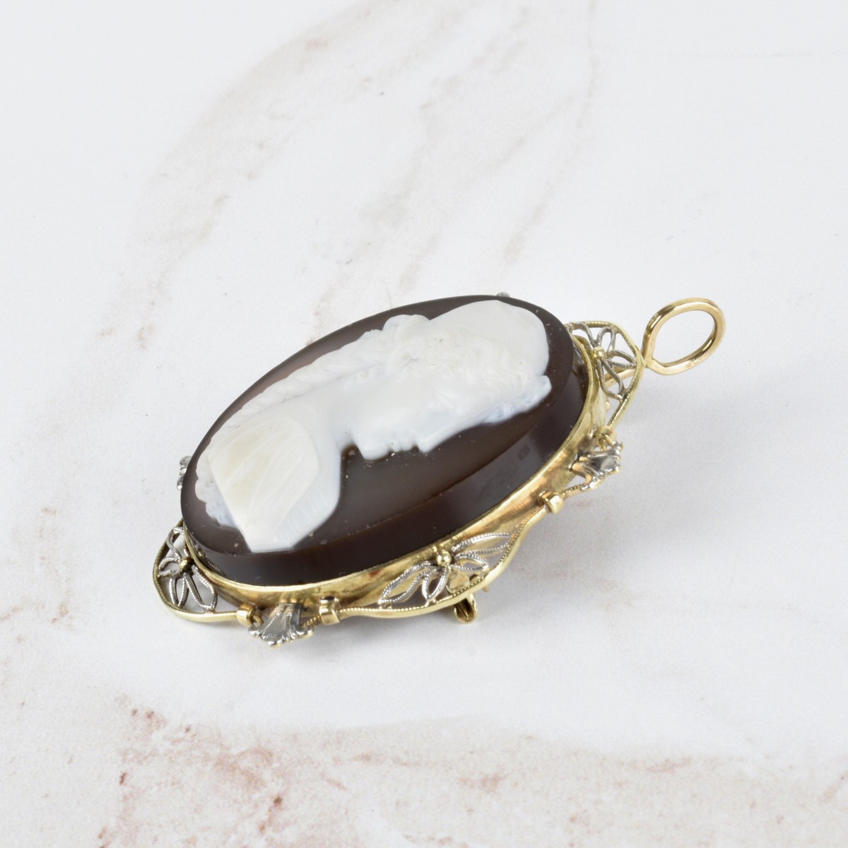 Victorian Agate and 14K Cameo Pendant
