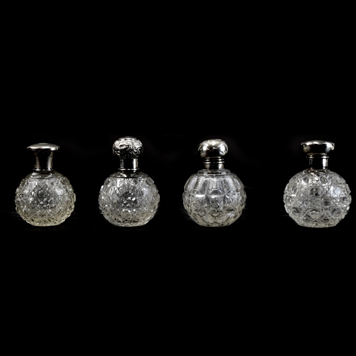 4 English Perfume Bottles w Sterling Tops
