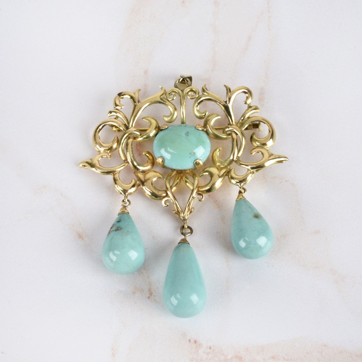 Art Nouveau Turquoise and 14K Brooch
