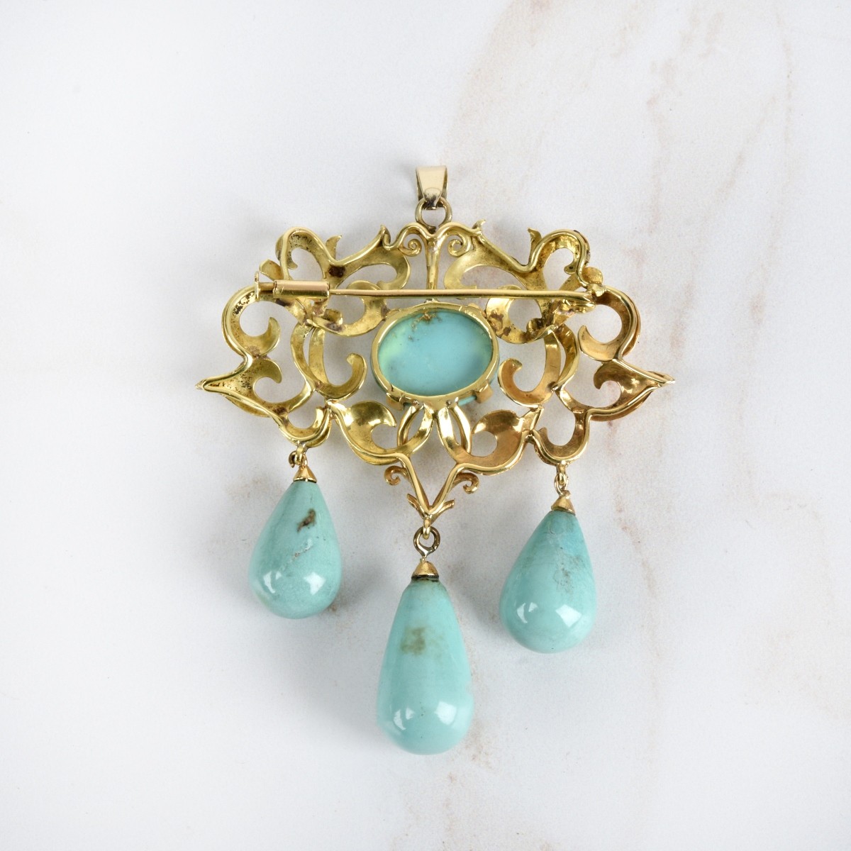 Art Nouveau Turquoise and 14K Brooch